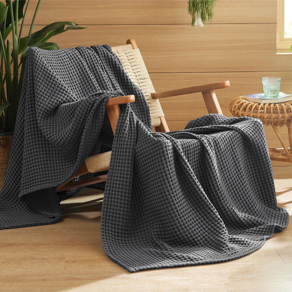 Bedsure Lightweight 100% Cotton Waffle Blanket, King, Linen