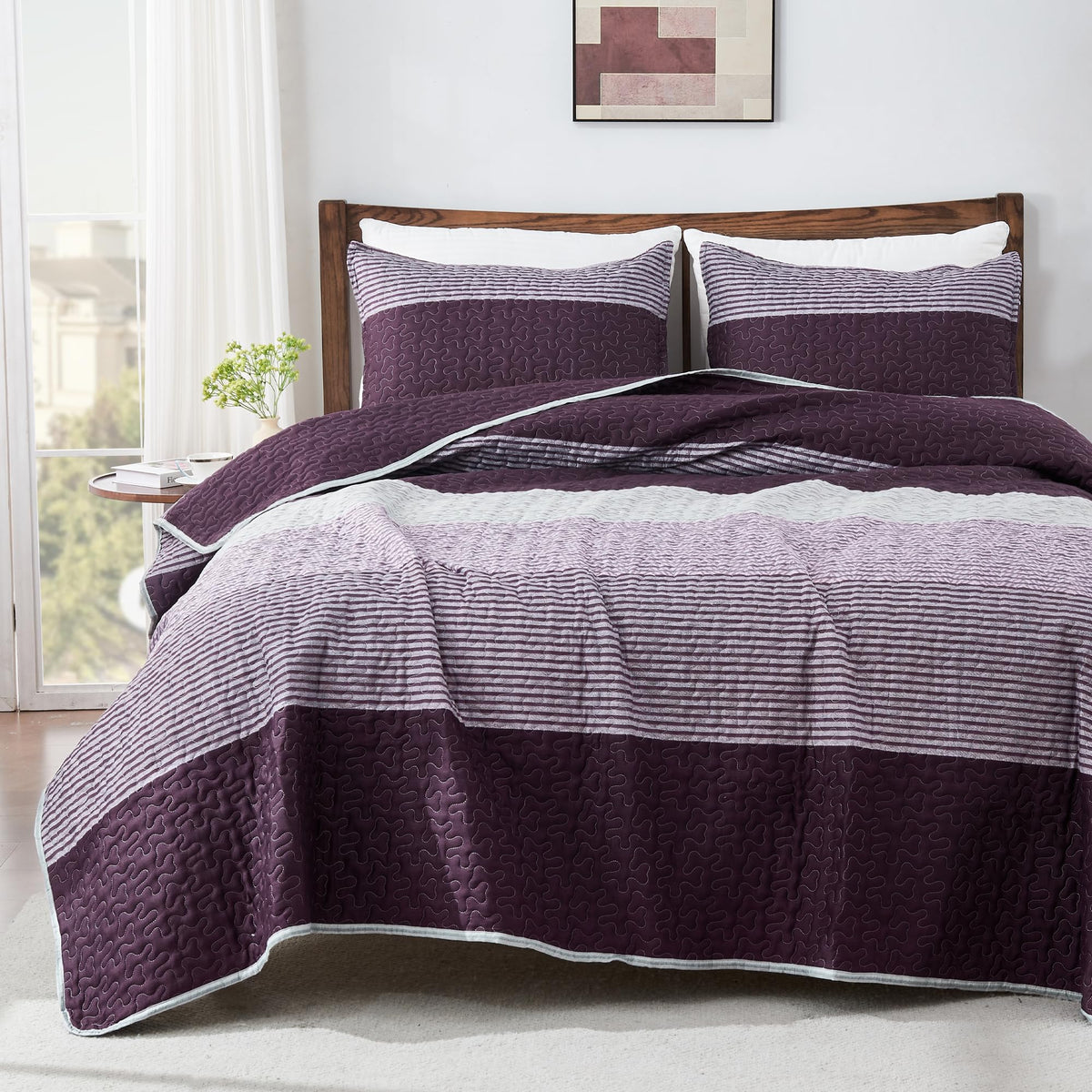 Andency Queen Quilt Bedding Set Sage Green, 3 Pieces Striped Bedspreads
