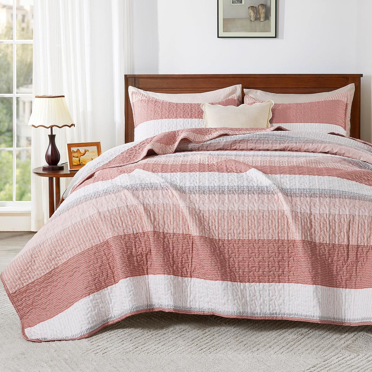 Andency Queen Quilt Bedding Set Sage Green, 3 Pieces Striped Bedspreads