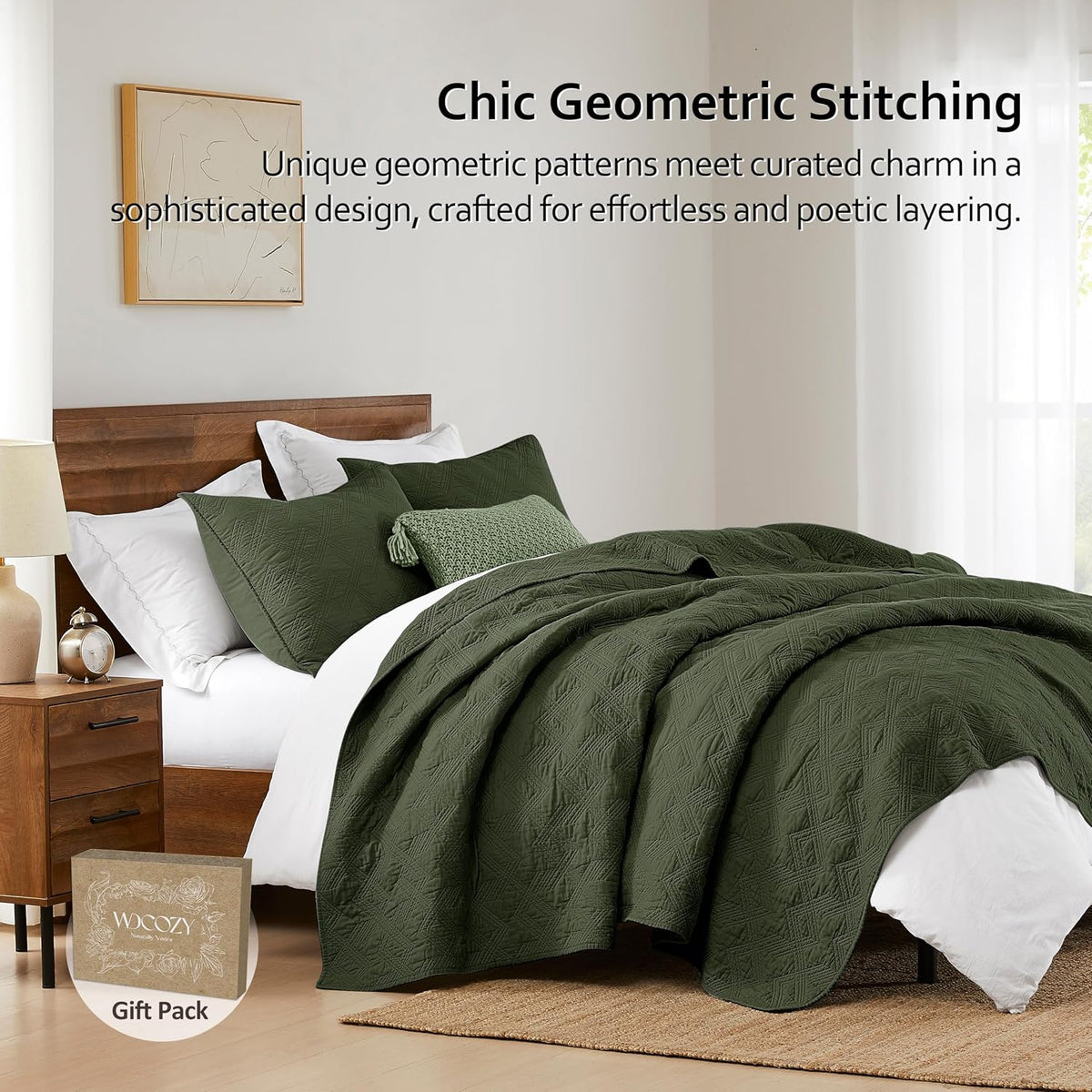 WDCOZY 100% Cotton Queen Size Quilt Set - Olive Green Pre-Washed Soft Lightweight Modern Bedspread, Farmhouse Country Rustic Coverlet, Textured Like Linen, Shabby Chic Gauze Bedding, 3 Pieces