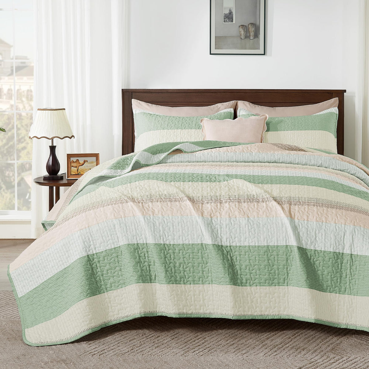 Andency Queen Quilt Bedding Set Sage Green, 3 Pieces Striped Bedspreads