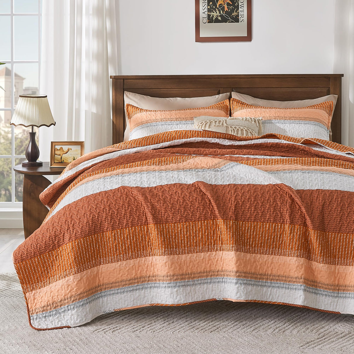 Andency Queen Quilt Bedding Set Sage Green, 3 Pieces Striped Bedspreads