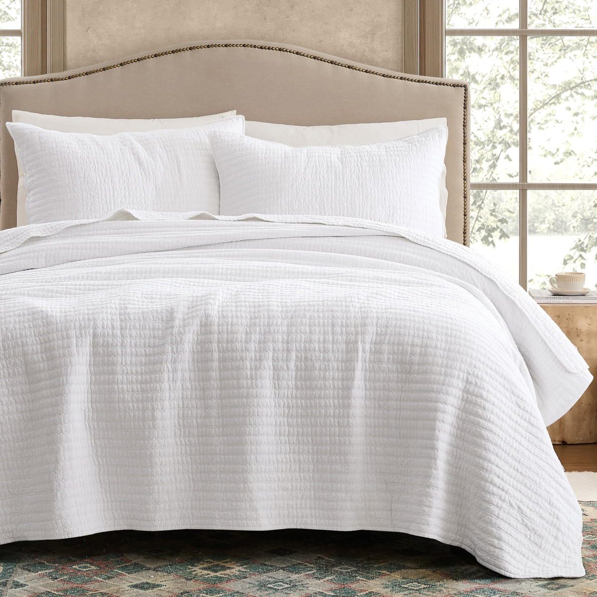 WDCOZY 100% Cotton King Size Quilt Set, Channel Pick Stitch, Beige Flax