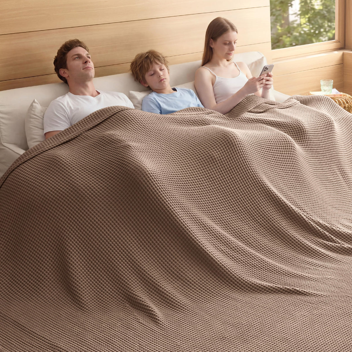 Bedsure Lightweight 100% Cotton Waffle Blanket, King, Linen