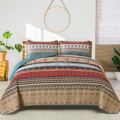 WONGS BEDDING Boho King Quilt Bedding Set, 3 Pieces Soft Bedspread,Blue
