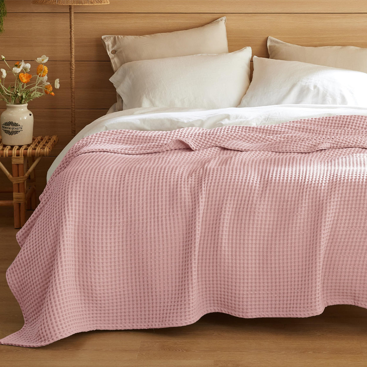 Bedsure Lightweight 100% Cotton Waffle Blanket, King, Linen