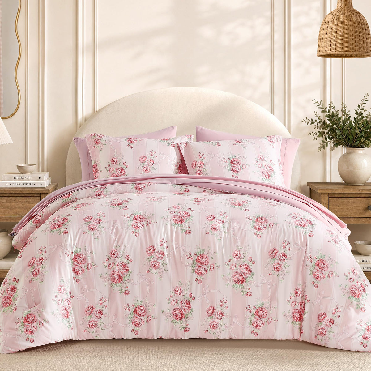 BLOOMHAVEN Queen Comforter Set-7 Pieces Blue Floral Bed in a Bag Queen