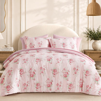 BLOOMHAVEN Queen Comforter Set-7 Pieces Blue Floral Bed in a Bag Queen