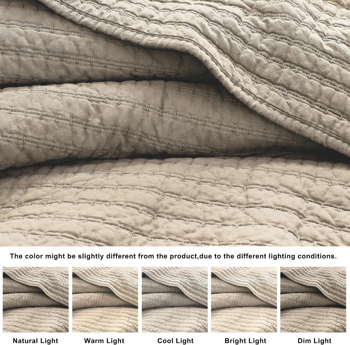WDCOZY 100% Cotton King Size Quilt Set, Channel Pick Stitch, Beige Flax