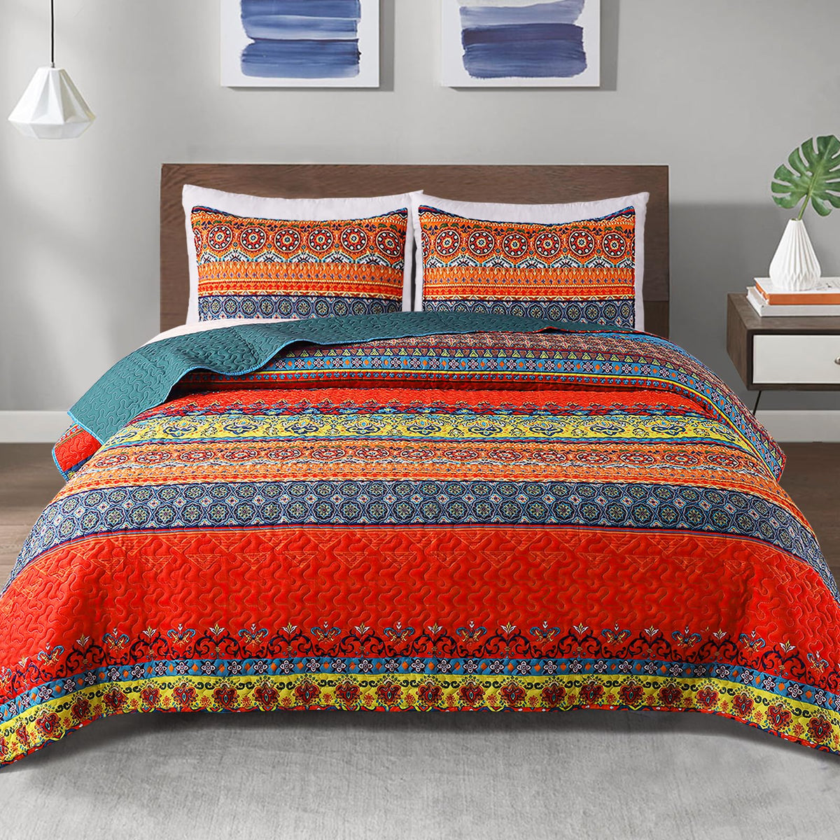 Exclusivo Mezcla Reversible Boho Quilts Queen Size Gray