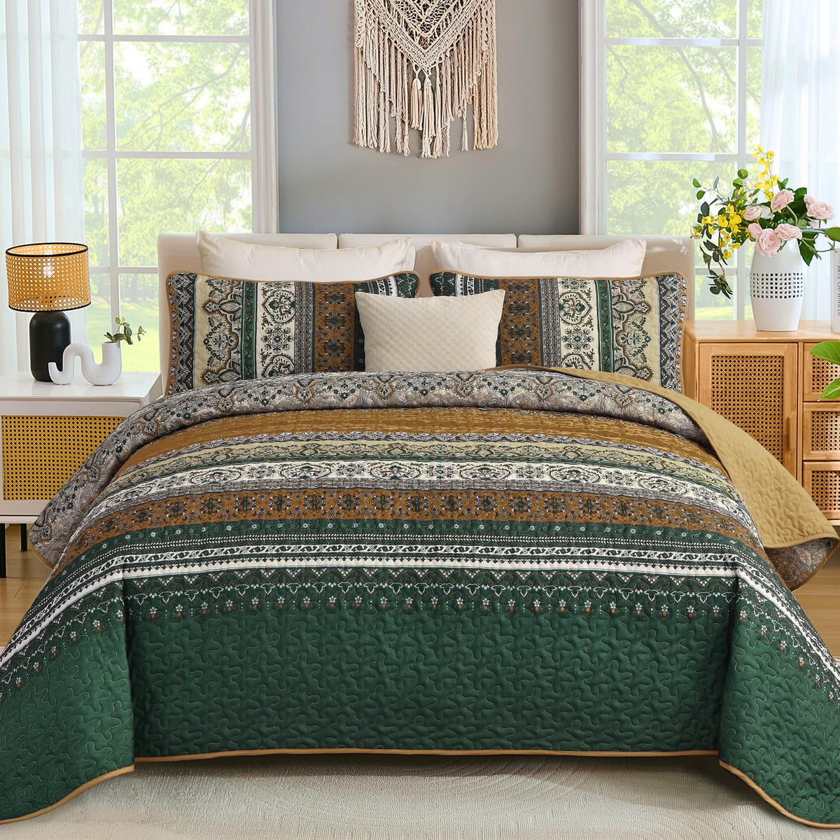 WONGS BEDDING Quilt Set King Size, Boho Stripe Bedding Set, Blue Red