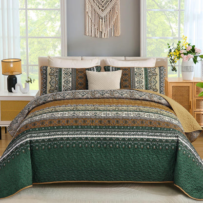 WONGS BEDDING Quilt Set King Size, Boho Stripe Bedding Set, Blue Red