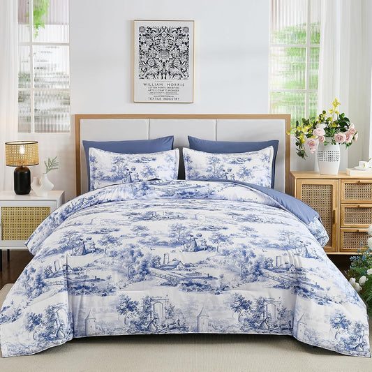WONGS BEDDING Blue Queen Comforter Set, 7 Pieces Bed in a Bag French Toile Comforter with Sheets, Soft Lightweight Microfiber Botanical Complete Queen Size Bedding Set for All Season