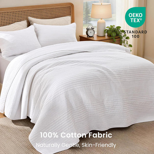 Love's cabin King Size Cotton Quilt Set, 100% Cotton Fabric Striped Textured Coverlet with Crinkled Look, Lightweight Quilted Bedspread for All Season, Includes 2 Pillow Shams, White