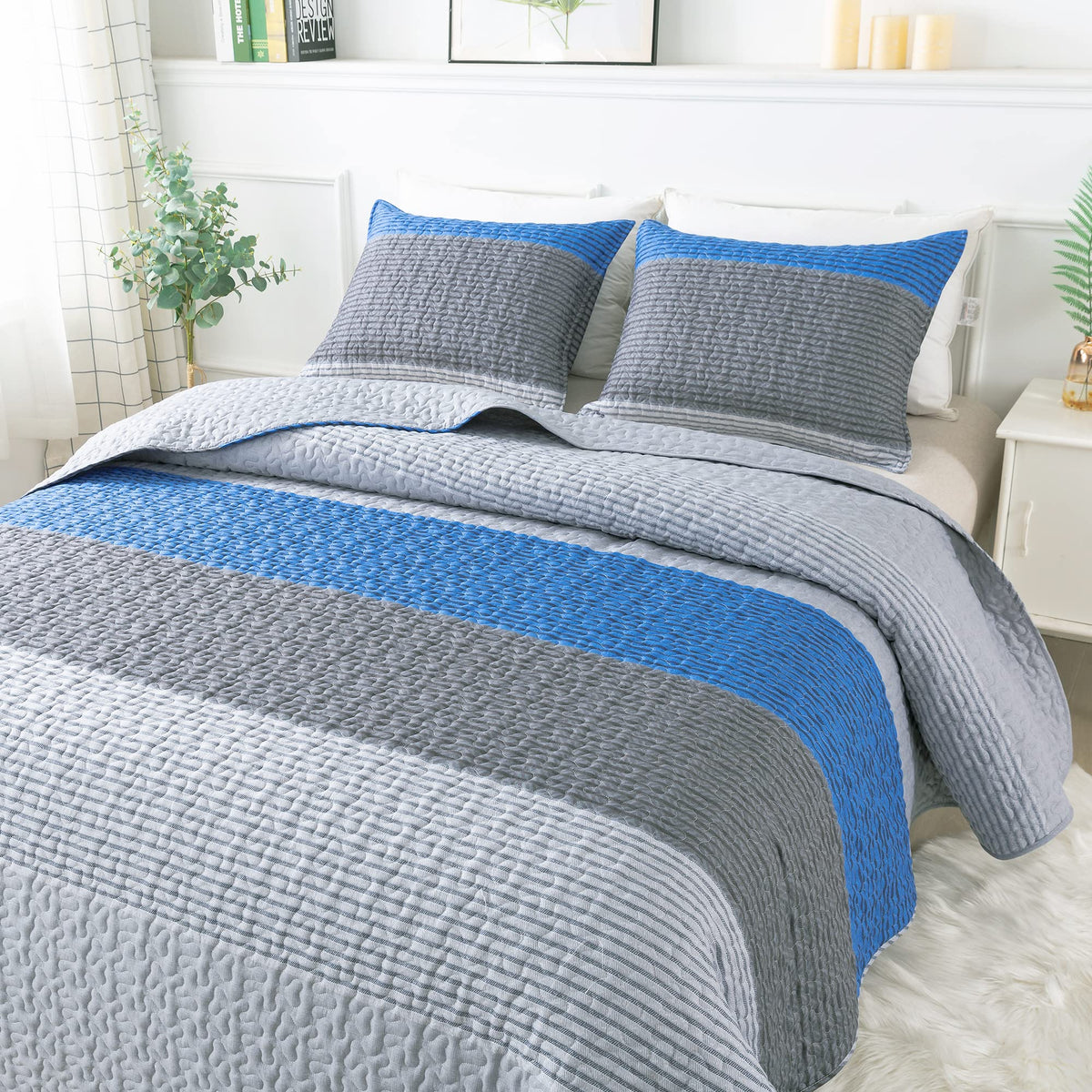 Andency King Size Quilt Set, 3 Pieces Striped Sage Green Bedspreads Set