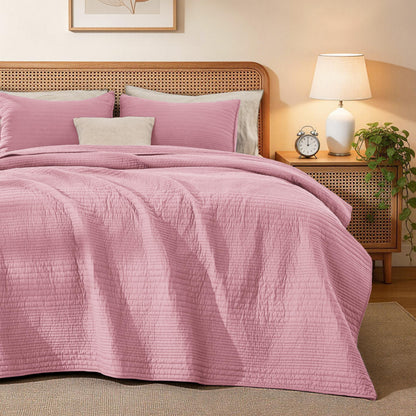 Love's cabin Queen Size Cotton Quilt Set, 100% Cotton Fabric Striped Textured Coverlet with Crinkled Look, Lightweight Quilted Bedspread for All Season, Includes 2 Pillow Shams, White