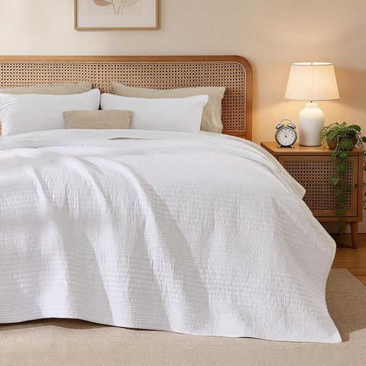 Love's cabin Queen Size Cotton Quilt Set, 100% Cotton Fabric Striped Textured Coverlet with Crinkled Look, Lightweight Quilted Bedspread for All Season, Includes 2 Pillow Shams, White