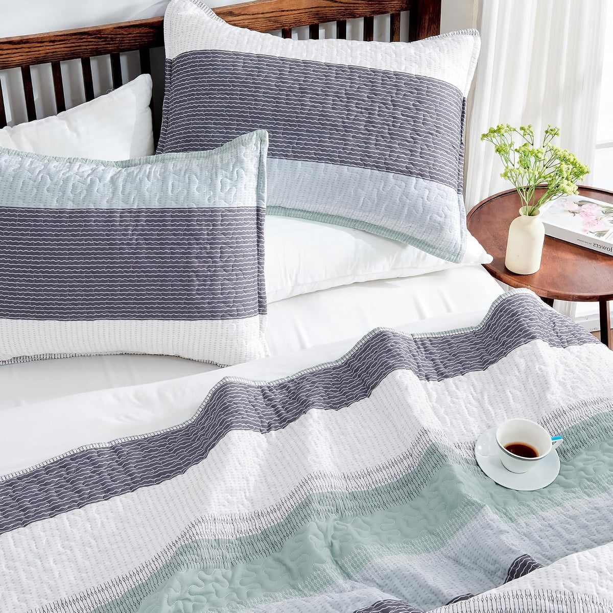 Andency King Size Quilt Set, 3 Pieces Striped Sage Green Bedspreads Set