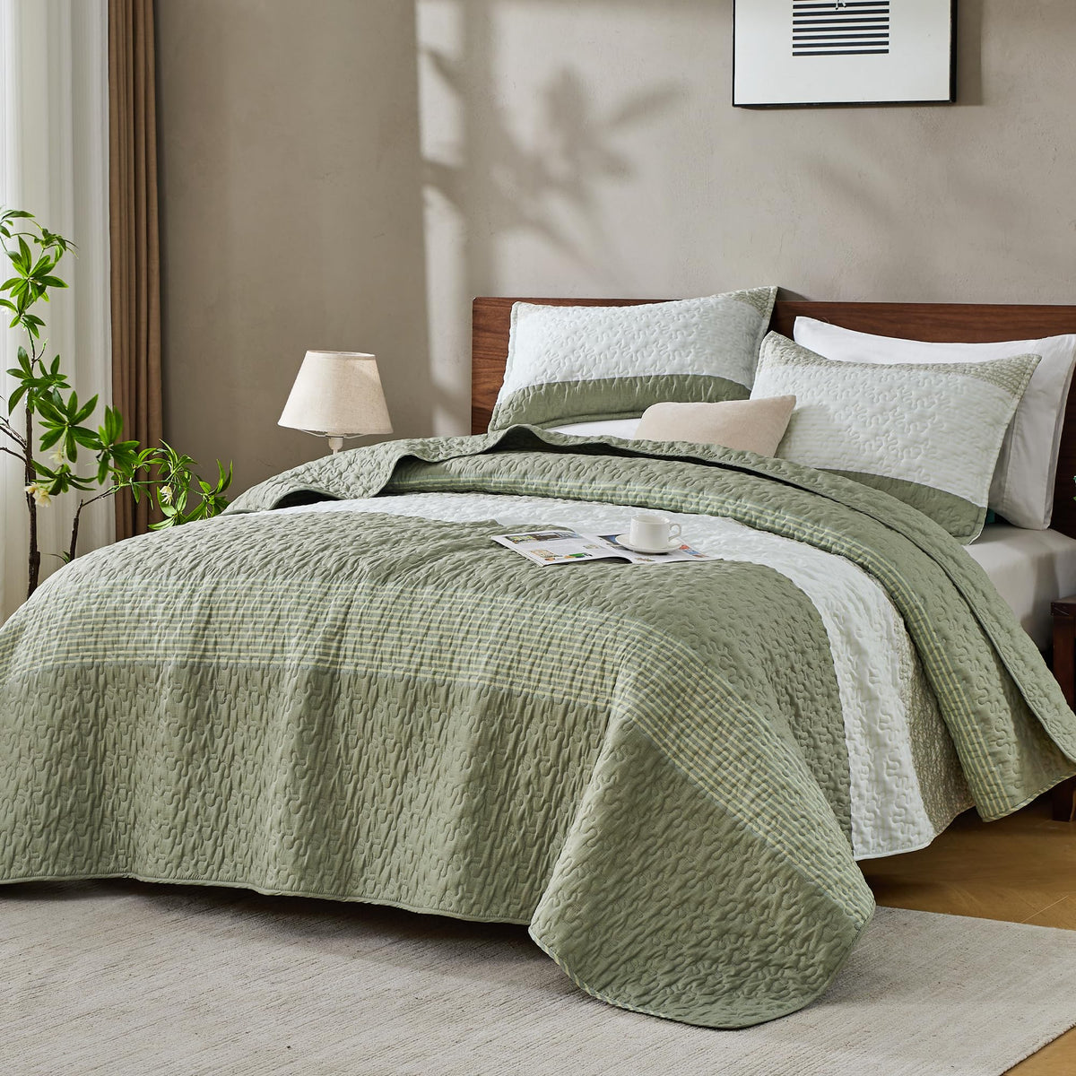 Andency Queen Quilt Bedding Set Sage Green, 3 Pieces Striped Bedspreads