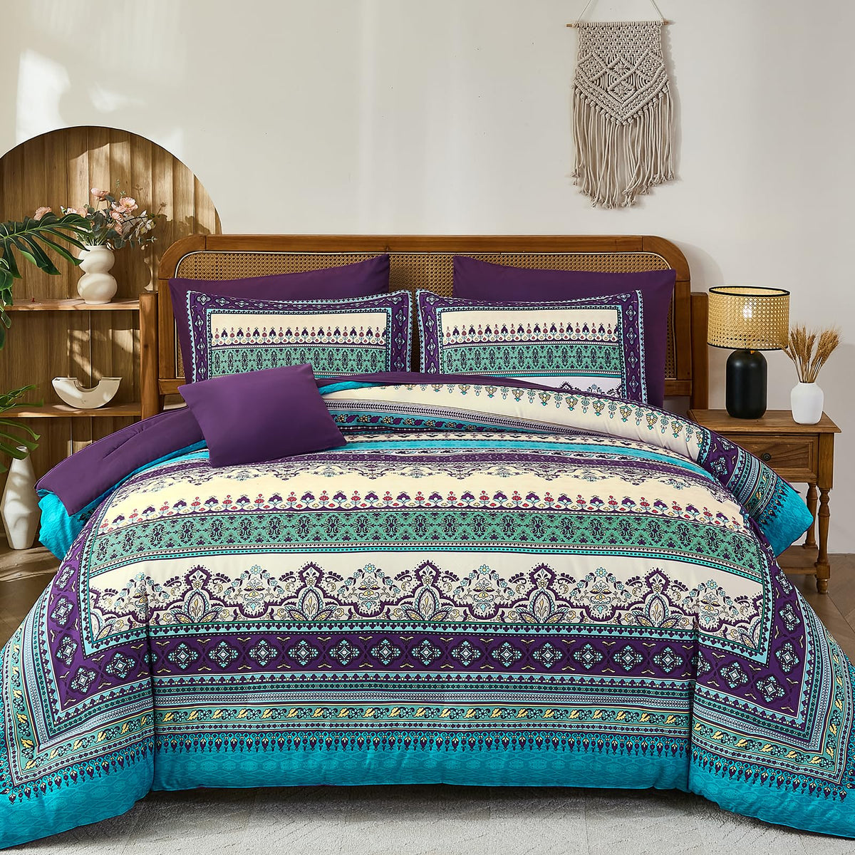 Cottolester Boho Comforter Set Queen Size 8 Piece Bed in a Bag Bohemian Striped Bedding Quilt Set Aqua Paisley Floral Comforter and Sheet Set,Soft Microfiber Complete Bedding Sets for All Season