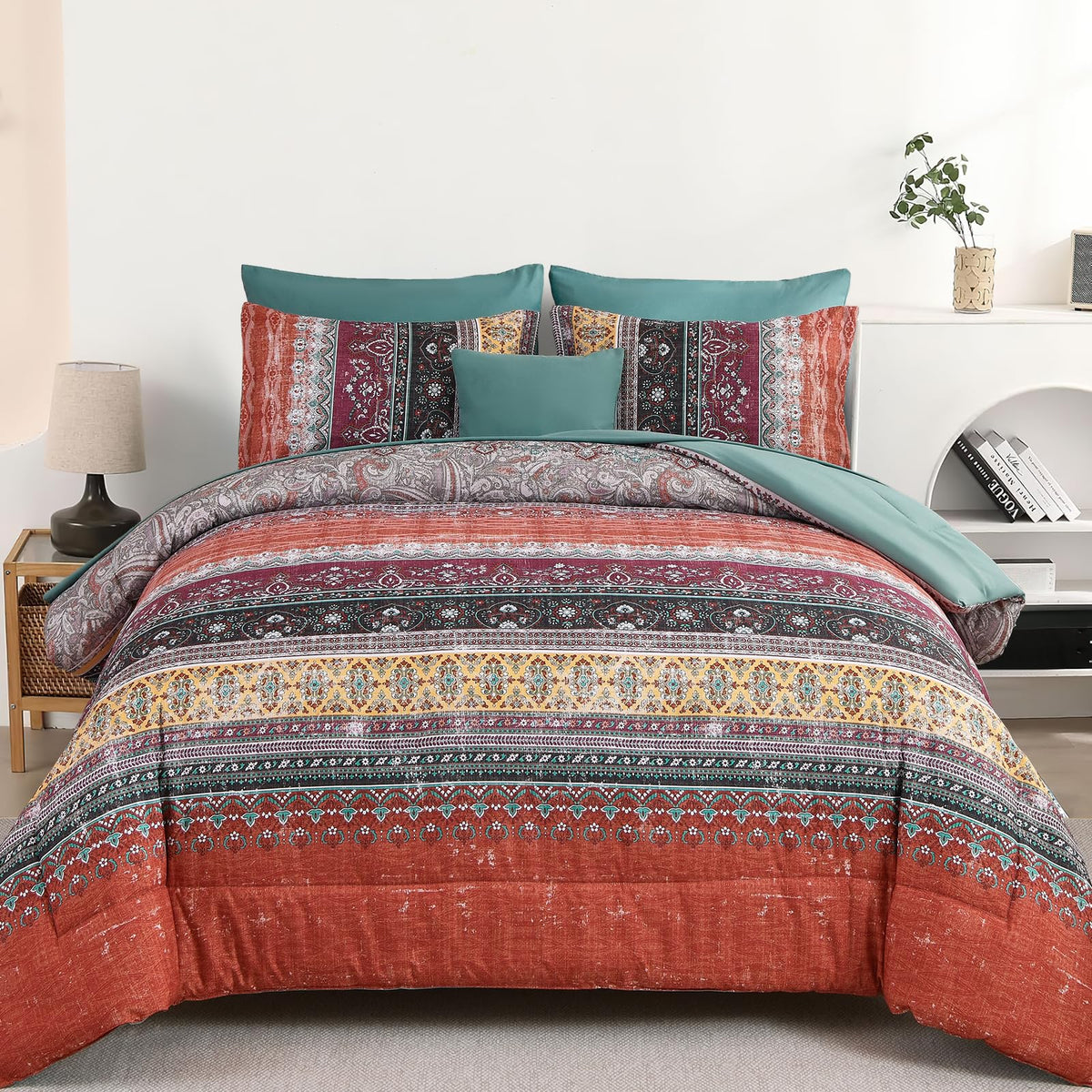 Cottolester Boho Comforter Set Queen Size 8 Piece Bed in a Bag Bohemian Striped Bedding Quilt Set Aqua Paisley Floral Comforter and Sheet Set,Soft Microfiber Complete Bedding Sets for All Season