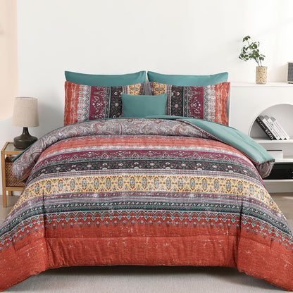 Cottolester Boho Comforter Set Queen Size 8 Piece Bed in a Bag Bohemian Striped Bedding Quilt Set Aqua Paisley Floral Comforter and Sheet Set,Soft Microfiber Complete Bedding Sets for All Season
