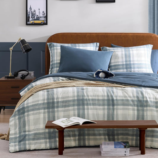 Plaid Full Size Comforter Set Blue Grey 7 Pieces Farmhouse Bed in a Bag