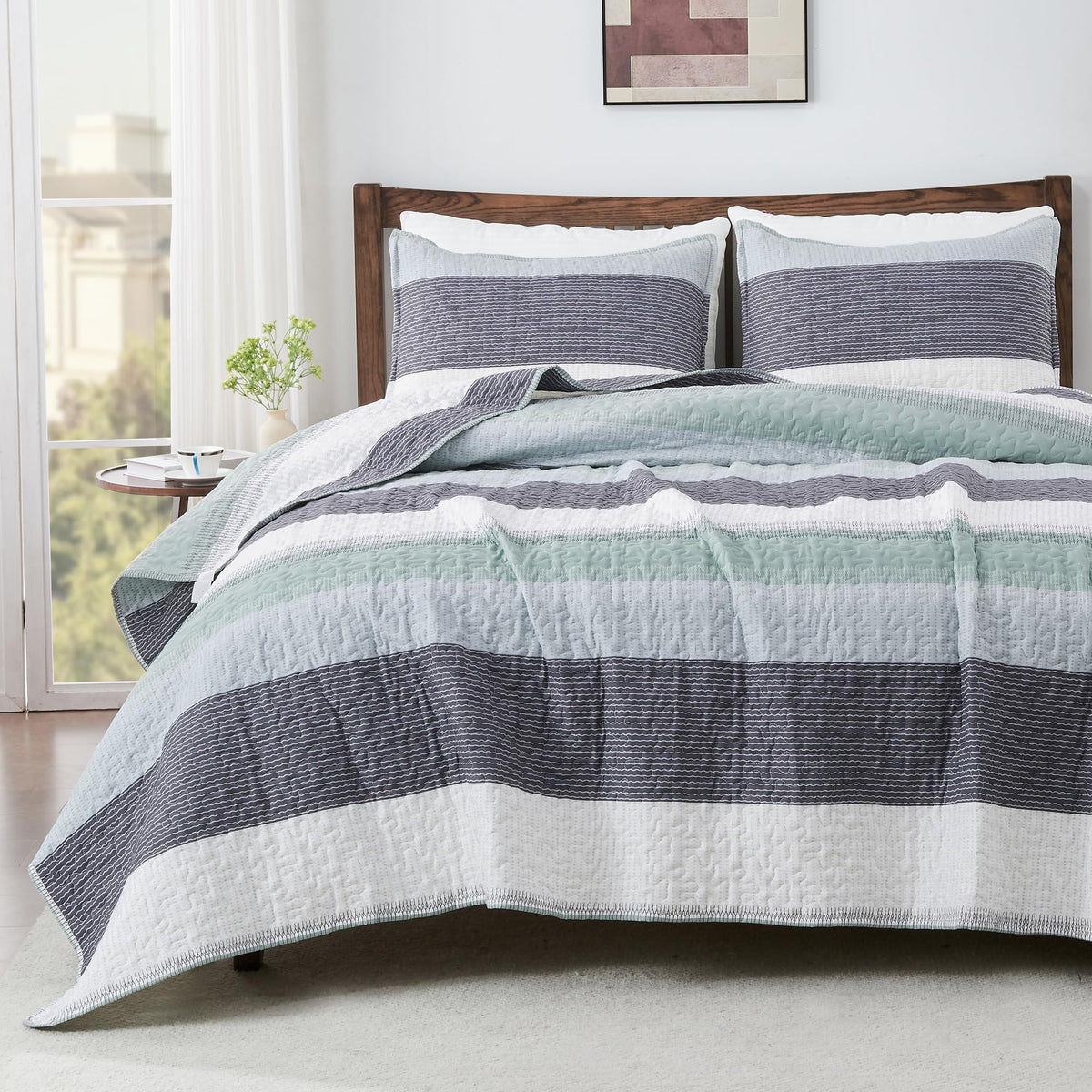 Andency Queen Quilt Bedding Set Sage Green, 3 Pieces Striped Bedspreads