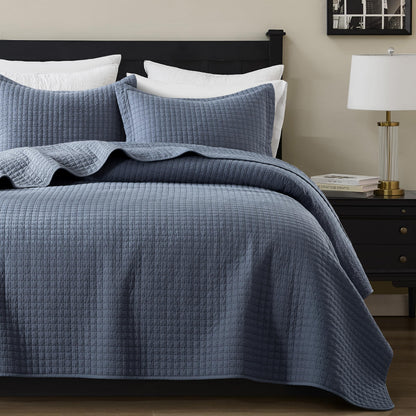 WDCOZY 100% Cotton Queen Size Quilt Set - Olive Green Pre-Washed Soft Lightweight Modern Bedspread, Farmhouse Country Rustic Coverlet, Textured Like Linen, Shabby Chic Gauze Bedding, 3 Pieces