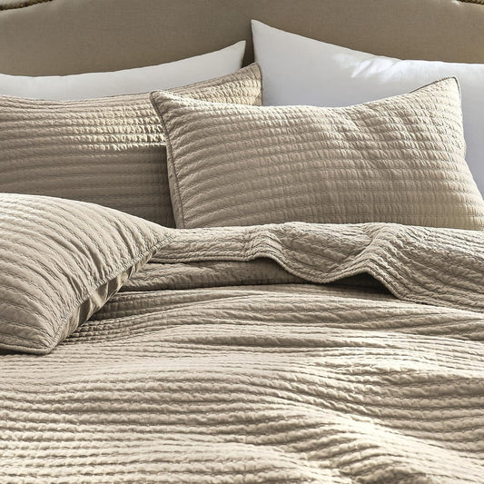 WDCOZY 100% Cotton King Size Quilt Set, Channel Pick Stitch, Beige Flax