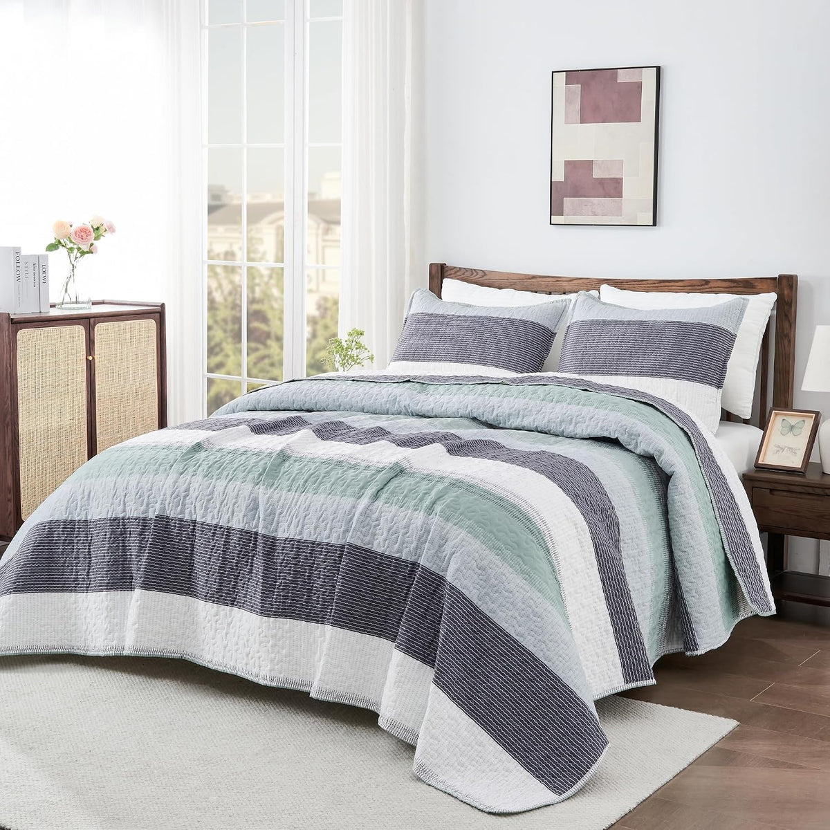 Andency Queen Quilt Bedding Set Sage Green, 3 Pieces Striped Bedspreads