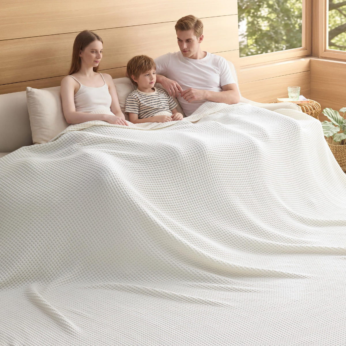 Bedsure Lightweight 100% Cotton Waffle Blanket, King, Linen