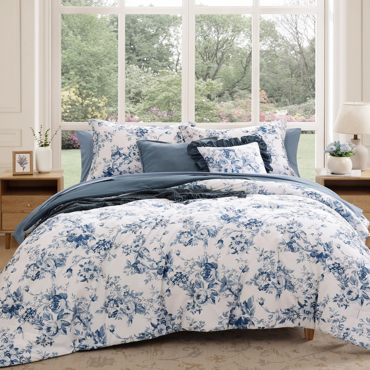 BLOOMHAVEN Queen Comforter Set-7 Pieces Blue Floral Bed in a Bag Queen