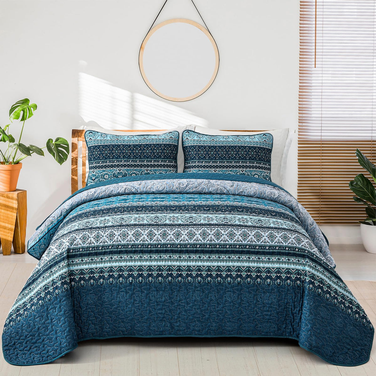 WONGS BEDDING Boho King Quilt Bedding Set, 3 Pieces Soft Bedspread,Blue