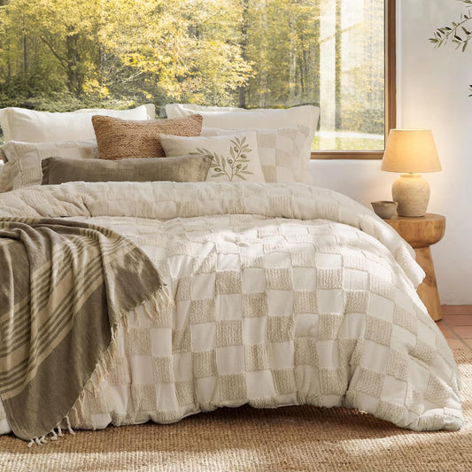 Bedsure Comforters Queen Set Boho, Vintage Plaid Bedding Set Beige 3 Pcs