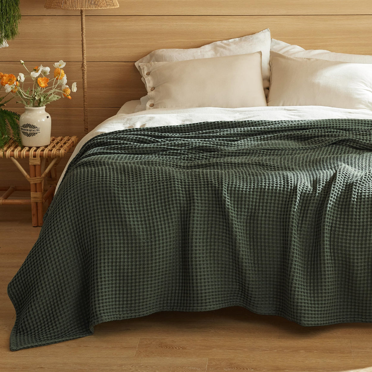 Bedsure Lightweight 100% Cotton Waffle Blanket, King, Linen