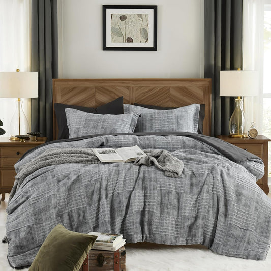 MaiRêve Queen Comforter Set Crinkle Textured Charcoal Grey Bedding 7 Pieces