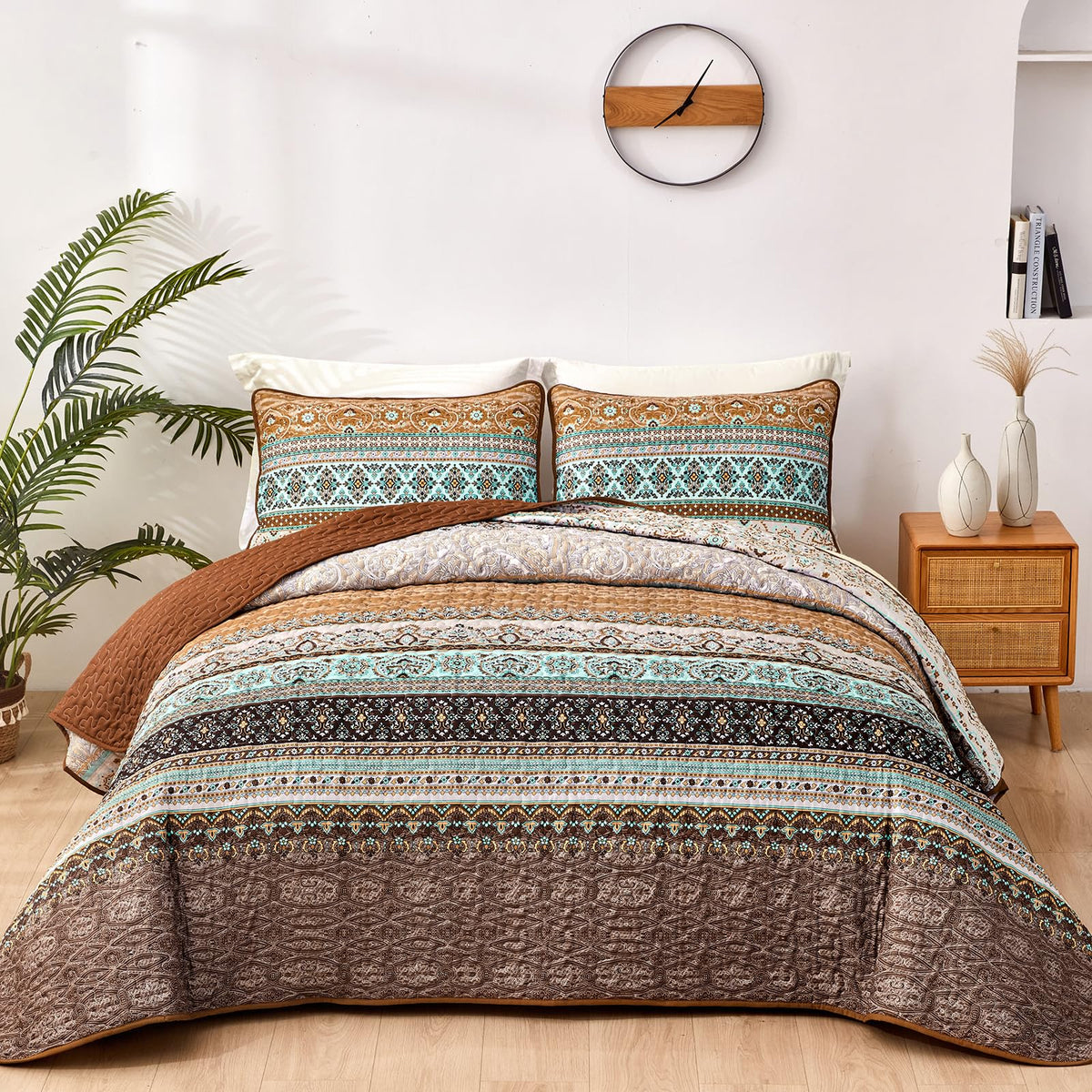 WONGS BEDDING Boho King Quilt Bedding Set, 3 Pieces Soft Bedspread,Blue