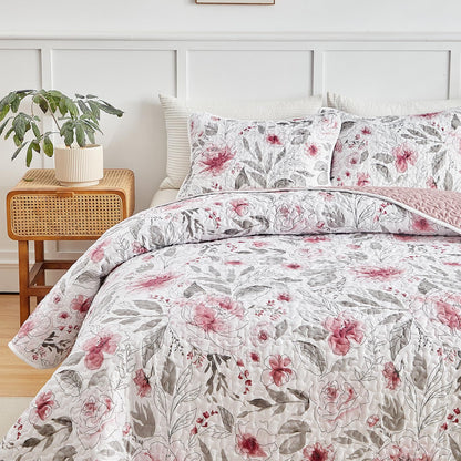 Flysheep Reversible Quilt Set Full Queen Size, 3 Pieces White Blue Botanical Floral Printed Summer Bedding Set, Soft Microfiber Lightweight Bedspread/Coverlet for All Season - 92"x90"