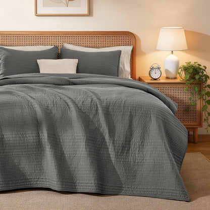 Love's cabin Queen Size Cotton Quilt Set, 100% Cotton Fabric Striped Textured Coverlet with Crinkled Look, Lightweight Quilted Bedspread for All Season, Includes 2 Pillow Shams, White