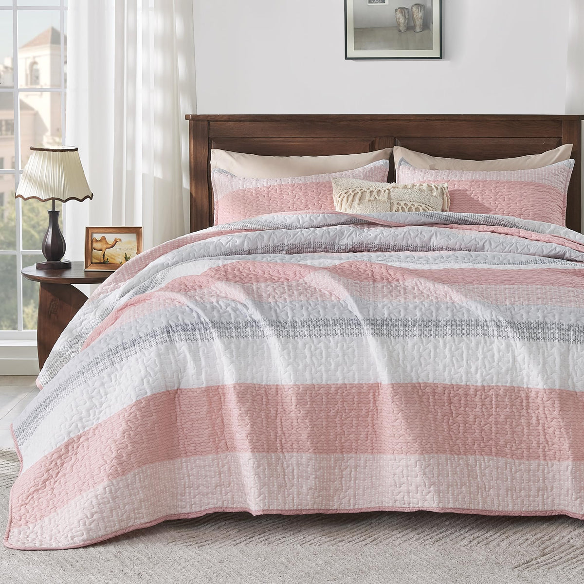 Andency Queen Quilt Bedding Set Sage Green, 3 Pieces Striped Bedspreads