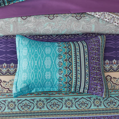 Cottolester Boho Comforter Set Queen Size 8 Piece Bed in a Bag Bohemian Striped Bedding Quilt Set Aqua Paisley Floral Comforter and Sheet Set,Soft Microfiber Complete Bedding Sets for All Season