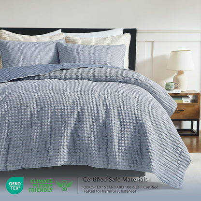 WDCOZY Chambray Blue California King Size Quilt Set 3 Pieces 118x106 inches