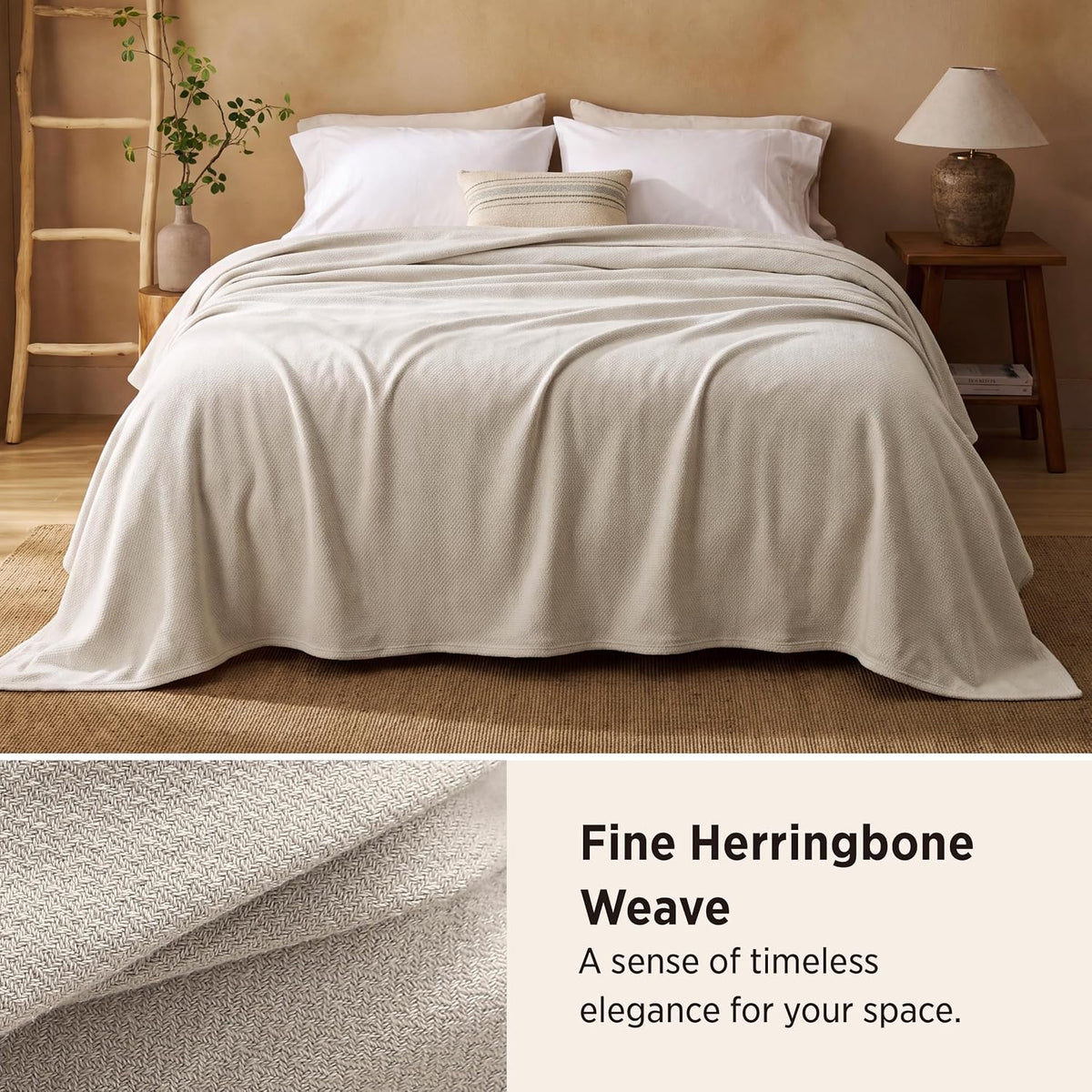 Bedsure 100% Cotton Blanket, Herringbone Weave, Queen Size, Linen Beige