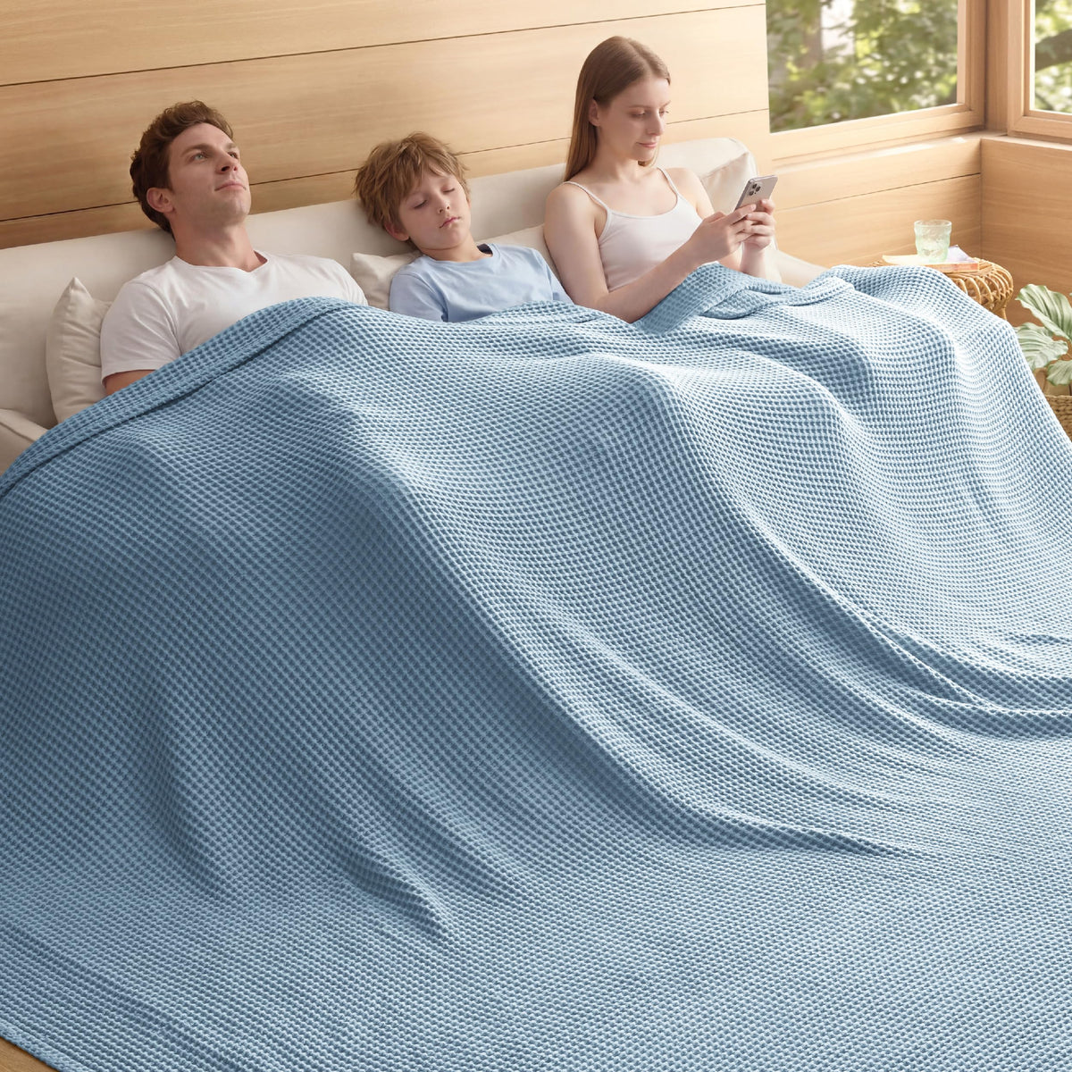 Bedsure Lightweight 100% Cotton Waffle Blanket, King, Linen