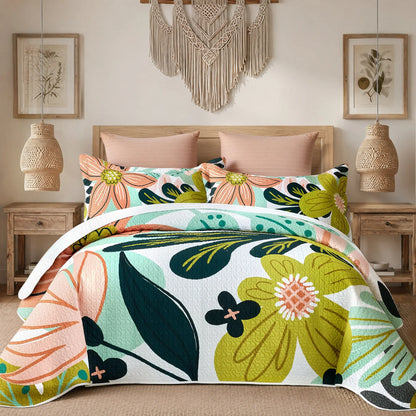 Tyrot 3-Piece Queen/King Fit Bohemian Quilt Comforter Set - Set Includes Wrinkle-Resistant Microfiber Coverlet, 2x20"x26" Shams, Farmhouse Botanical Mid-Century Leaves, Reversible Breathable Fade-Proof All-Seasons Black Bedding (Queen Size)