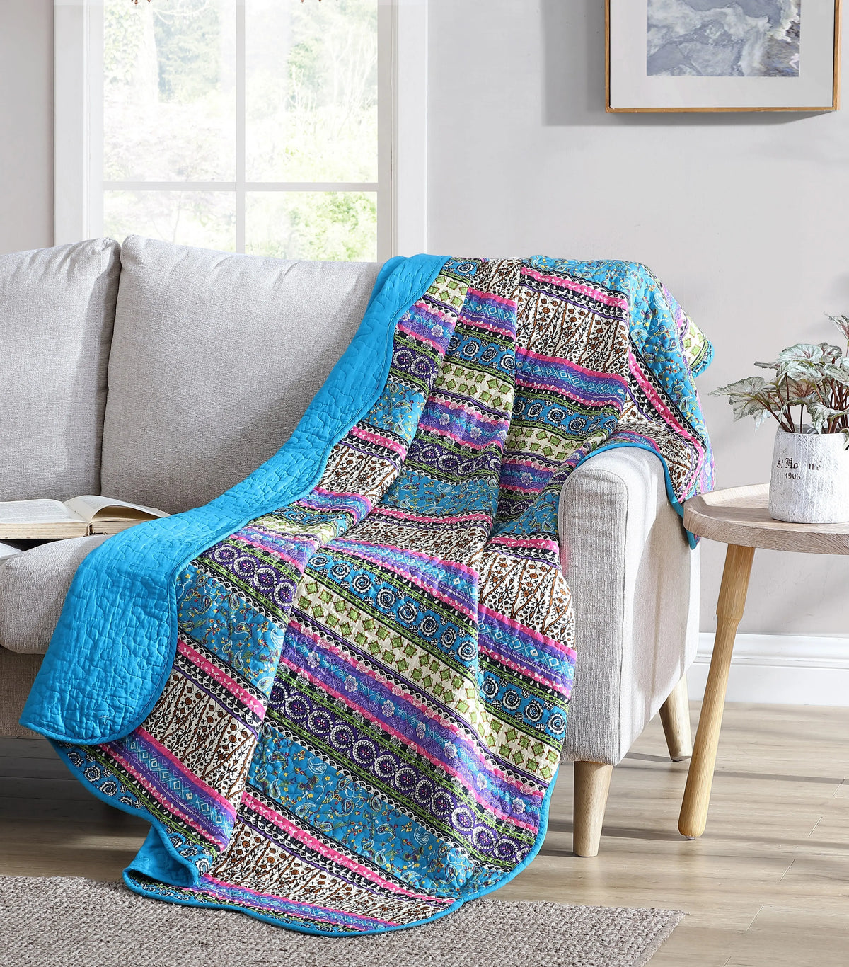 CHEZMOI Collection Odette Twin Boho Chic Floral Cotton Quilt - Lightweight, Cooling, Breathable, Soft, Wrinkle-Resistant, Bold Vibrant Striped, Durable Elegant Bedding (Twin, Queen, King Sizes; Machine Washable, Tumble Low Dry, Do Not Bleach)
