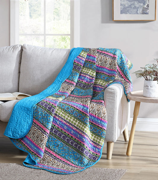 CHEZMOI Collection Odette Twin Boho Chic Floral Cotton Quilt - Lightweight, Cooling, Breathable, Soft, Wrinkle-Resistant, Bold Vibrant Striped, Durable Elegant Bedding (Twin, Queen, King Sizes; Machine Washable, Tumble Low Dry, Do Not Bleach)