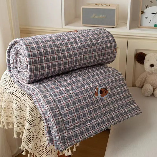 Vintage Plaid Summer Quilt Single Piece, Multi-Color Options, Cartoon Dog Rabbit Strawberry Patterns, Lightweight Soft Fabric, Strawberry Print Quilt
